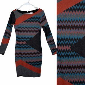CACHE Colorful Geometric Long Sleeve Sheath Sweater Dress Zip Back Wms Sz 0 EUC